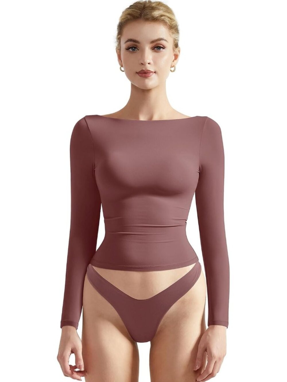 Women's Marsala Crew Neck Long Sleeve Crop Top Double Lined Fitted Shirt